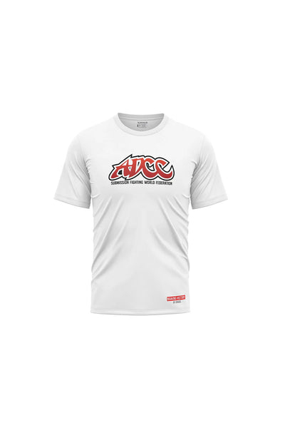 White t-shirt with ADCC logo in red and black on the front.