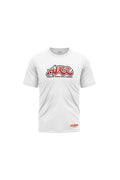 White t-shirt with ADCC logo in red and black on the front.