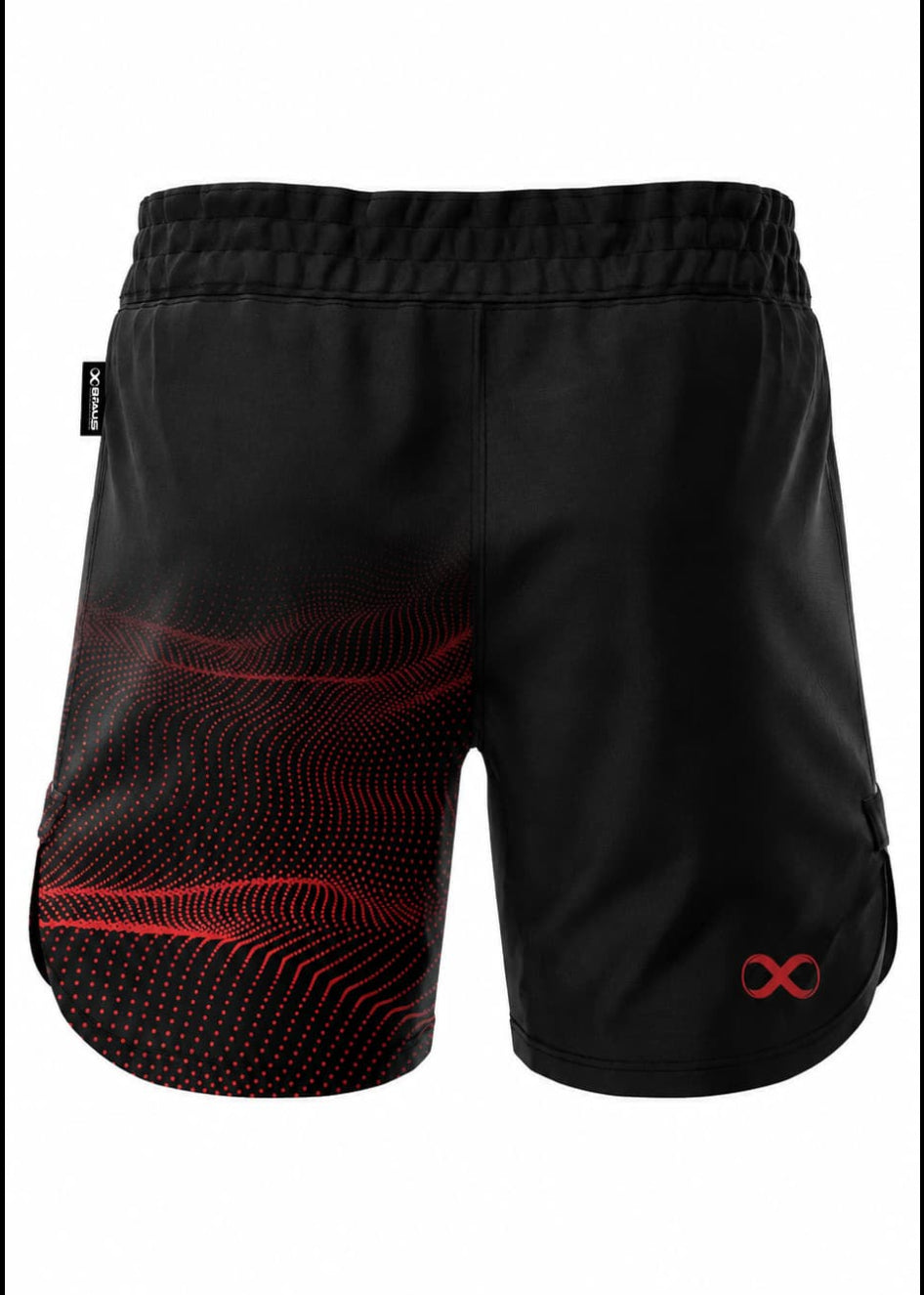 Black athletic shorts with a red dotted wave pattern on the left leg and a small red infinity symbol on the right leg, shown against a plain white background.