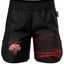 Black athletic fight shorts with a red and black dotted wave pattern on the right leg and a red triangular logo on the left leg, shown against a plain white background.